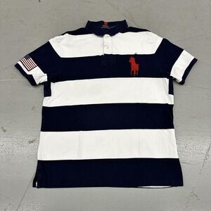 Polo Ralph Lauren Polo Shirt Mens XL Blue White Big Pony USA Flag Custom Fit
